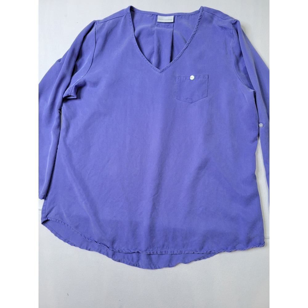 Soft Surroundings Purple V-Neck Roll Tab Sleeve Pocket Blouse Top